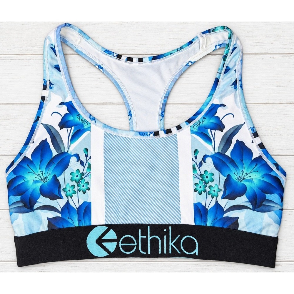Ethika Sports Bra Floral Blue White Racerback Athletic Gym yoga, workout Small
